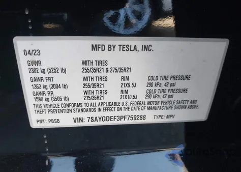 2023 Tesla Model Y из США, поврежденный, VIN 7SAYGDEF3PF759288